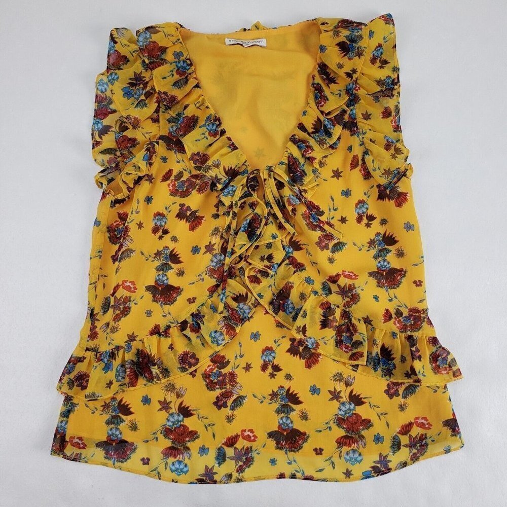 Rebeca Minkoff Floral Ruffle Top Womens Small Yellow Tie Front Chiffon Blouse
